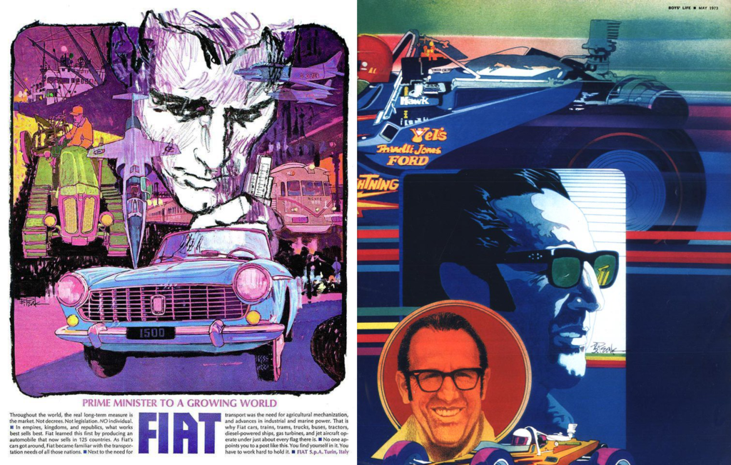 Fiat ad by Bob Peak next to a magazine illustration by Bob Peak from Boy's Life.