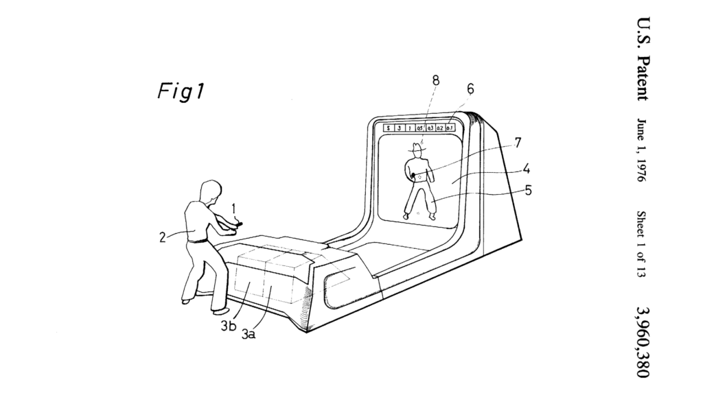 U.S. patent illustration shows a man pointing a gun at the screen of a large cabinet, with two projectors hidden in the section of cabinet closest to the man.