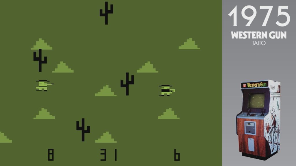 Two pixel sprite cowboys face off in a playfield surrounded by mounds and cacti.