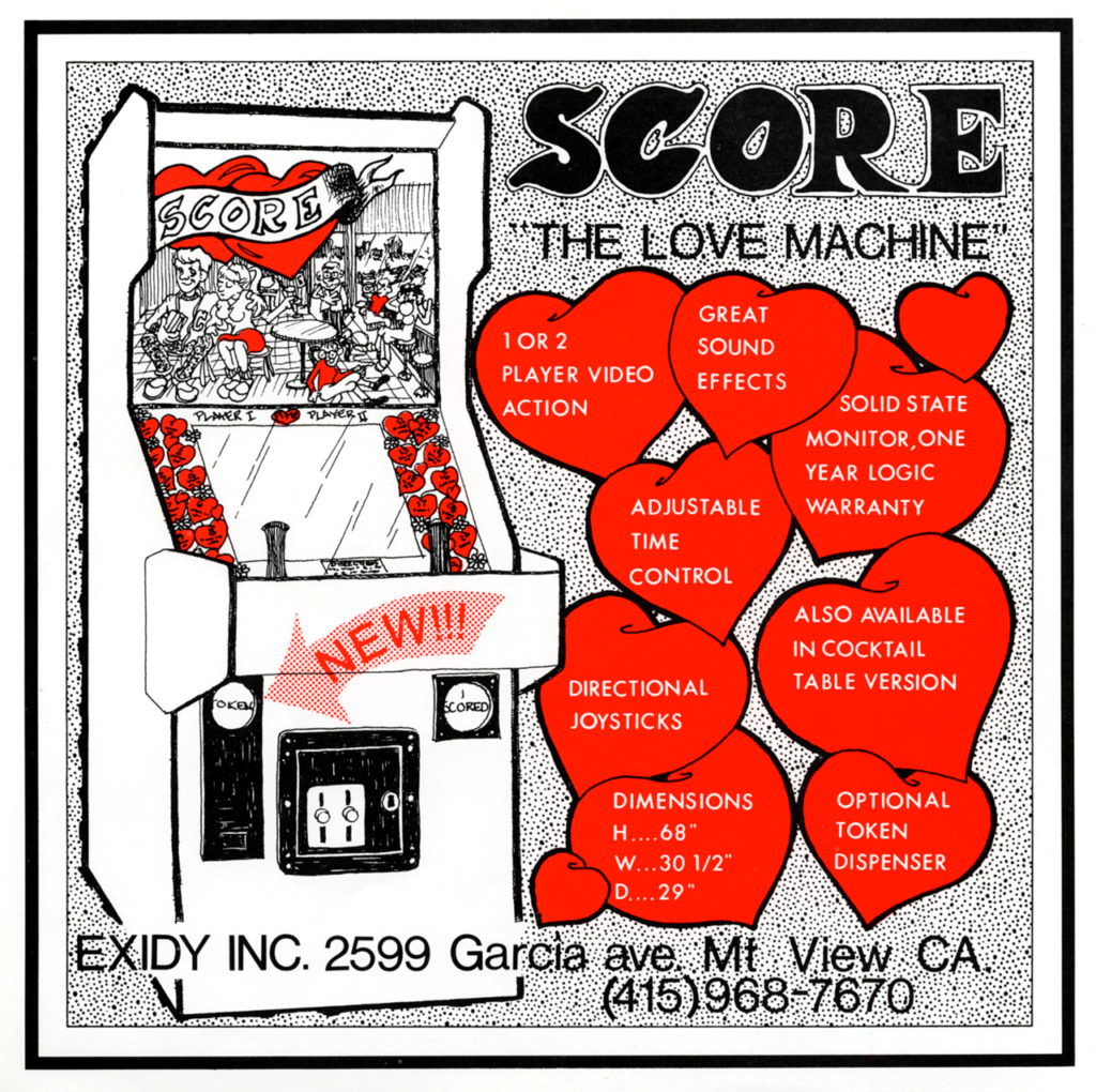 A whimsical illustration of an arcade cabinet, with hearts that describe basic functionality.