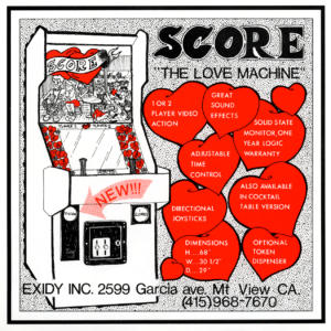A whimsical illustration of an arcade cabinet, with hearts that describe basic functionality.