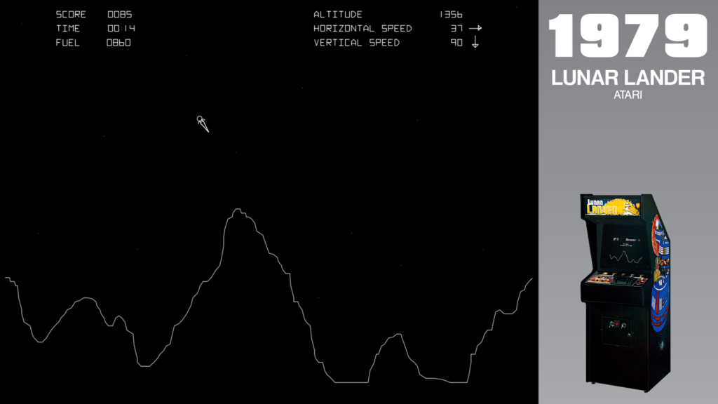 A lunar lander flies above a mountain on the moon's surface.