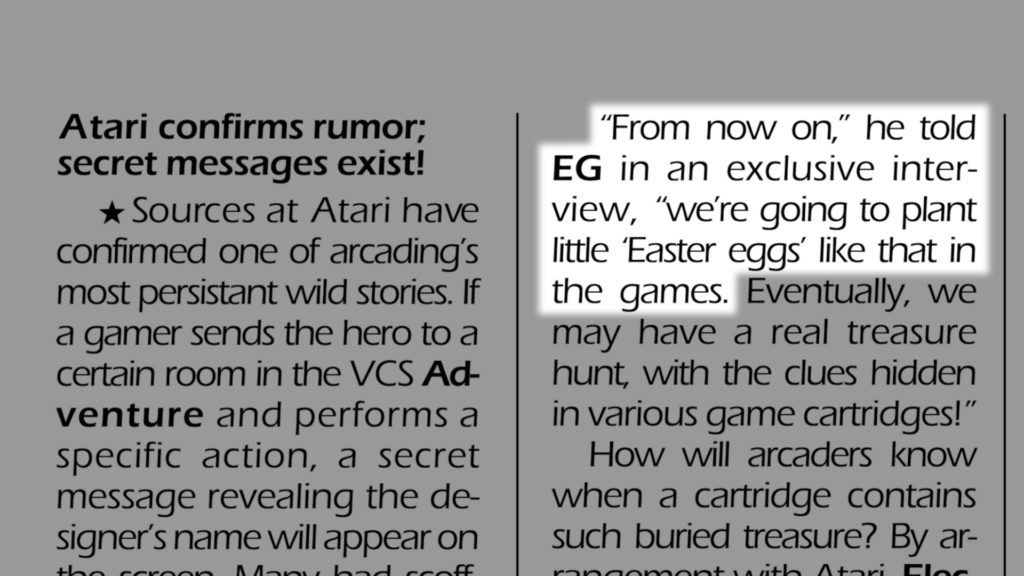 A page from a magazine. The highlighted text says "From now on, he told EG in an exclusive interview, we're going to plant little Easter Eggs like that in the games."