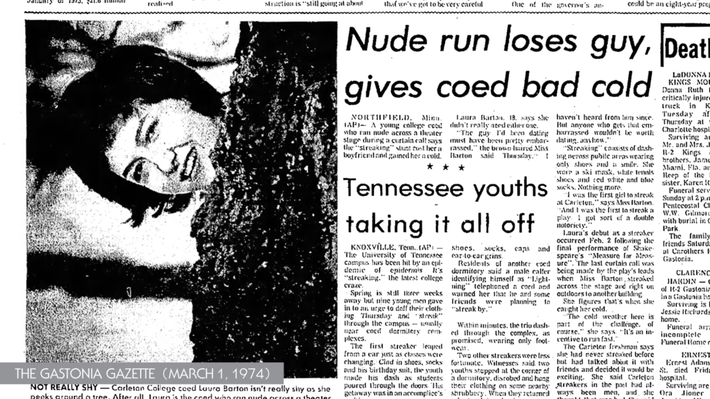 A newspaper clip with a photograph of a woman hiding behind a tree and the headline "Nude run loses guy, gives coed bad cold."
