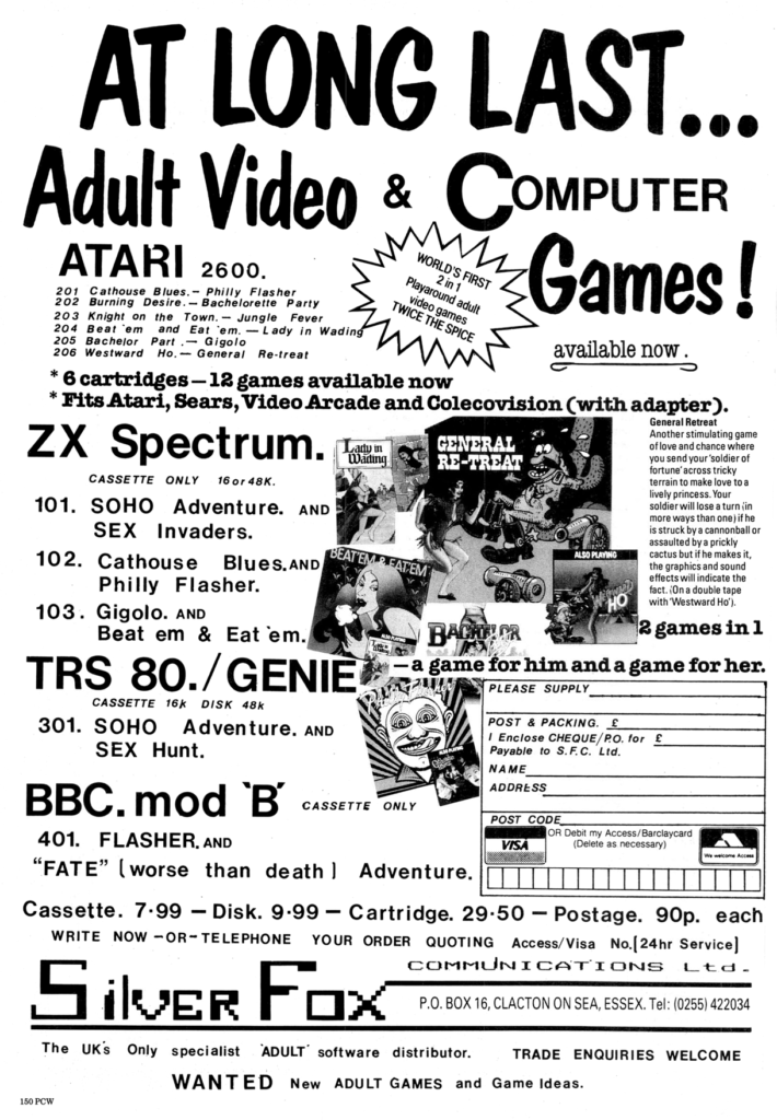 An ad for UK software seller Silver Fox Communications showing a wide variety of software including "At long last...adult video & computer games!"