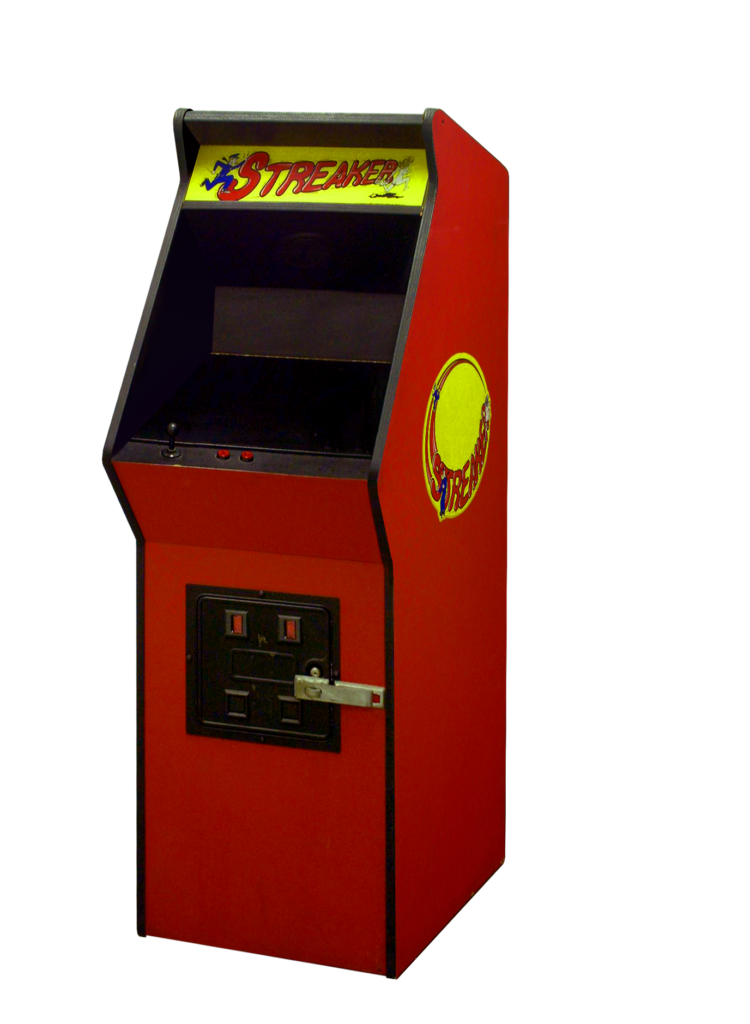 A red Streaker cabinet with yellow marquee and side art.