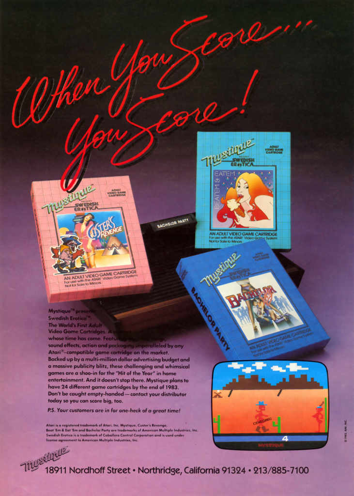 An ad for Mystique games with the headline "When you score...you score!"