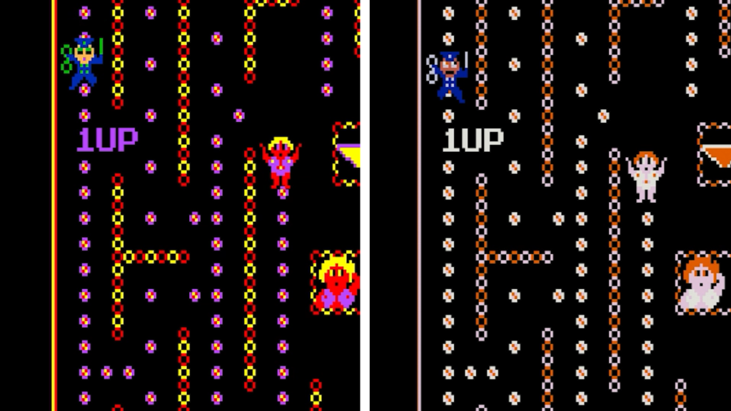 Two screenshots of Streaking side-by-side, one with red, yellow, blue, orange, and purple, the other with only orange, blue, and white.