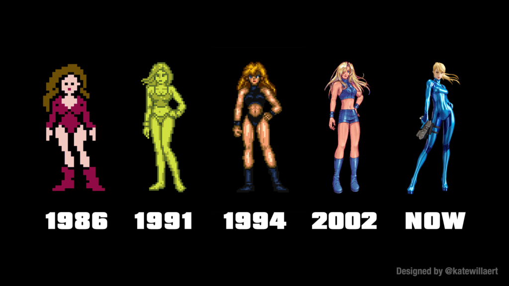The evolution of unsuited Samus, from Justin Bailey to Super Metroid to Zero Suit Samus.