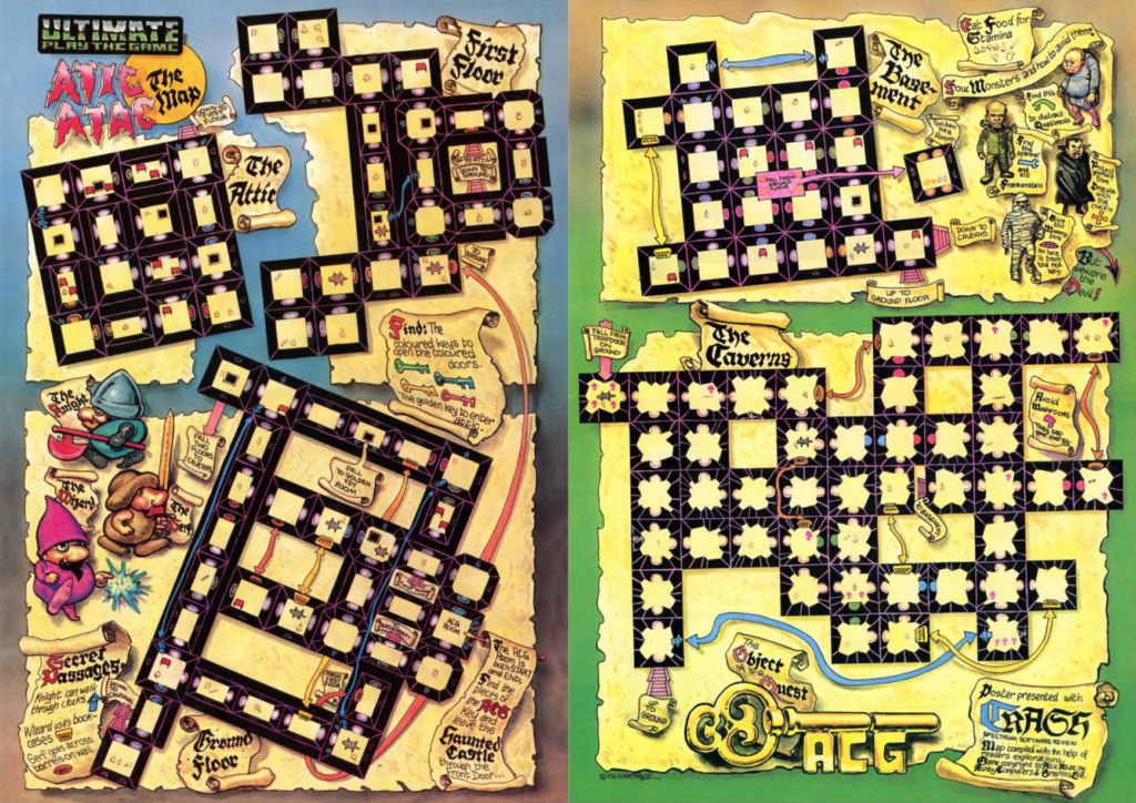 A series of maps showing different floors of the mansion and underground caves in Atic Atac.