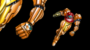 Concept art from Metroid II showing a lens on Samus' left hand.