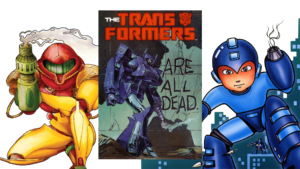 Collage of Samus Aran, Shockwave from Transformers, and Mega Man, all with smoking guns.
