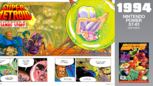 Samus Aran float in a bubble in Nintendo Power.