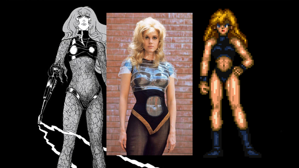 A collage of Psycho Gun Jane Royal, Jane Fonda as Barbarella, and Super Metroid Samus all wearing similar black outfits.