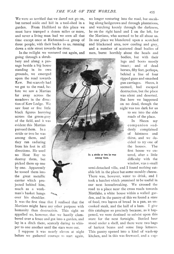 A page from War Of The Worlds of an illustration surrounded by text. A giant jellyfish-like Tripod robot is grabbing large objects and people with its tentacles.