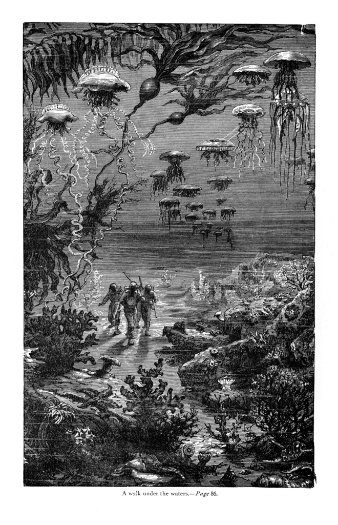 An illustration from Twenty Thousand Leagues Under The Sea showing divers walking on the surface of the ocean with a large group of jellyfish swimming above their heads.