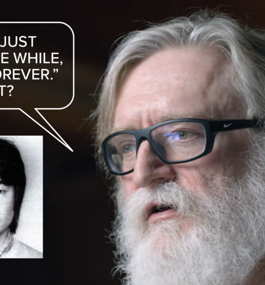 An image of Valve's Gabe Newell with a word balloon that says, "Late is just for a little while, suck is forever. Right?" Inset is a photo of young Shigeru Miyamoto.