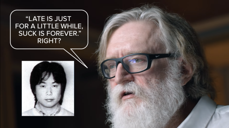 An image of Valve's Gabe Newell with a word balloon that says, "Late is just for a little while, suck is forever. Right?" Inset is a photo of young Shigeru Miyamoto.