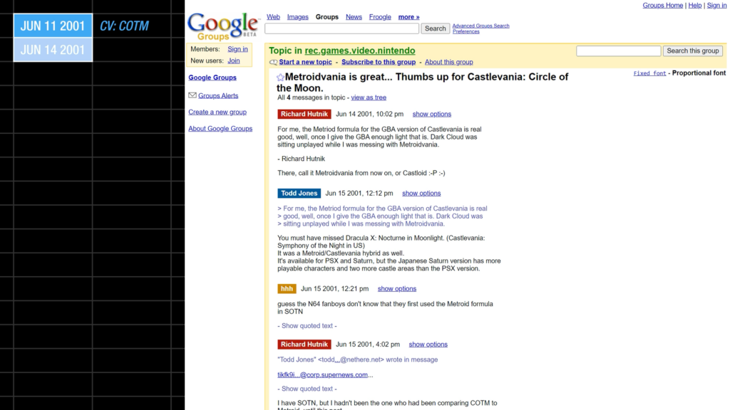 Richard Hutnik's "Metroidvania" post on Usenet forum "rec.games.video.nintendo"